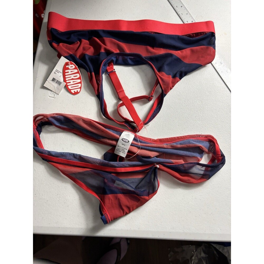 NWT Parade Mesh Wire Free Bra and Panty Set Red Blue Stripe Size XL